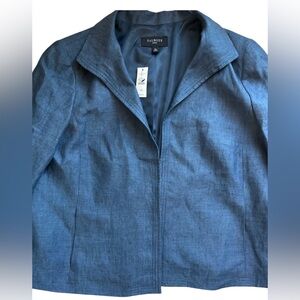 Coastal Talbots Blazer 16P Blue Chambray Linen Open Jacket Pockets Coastal Twee